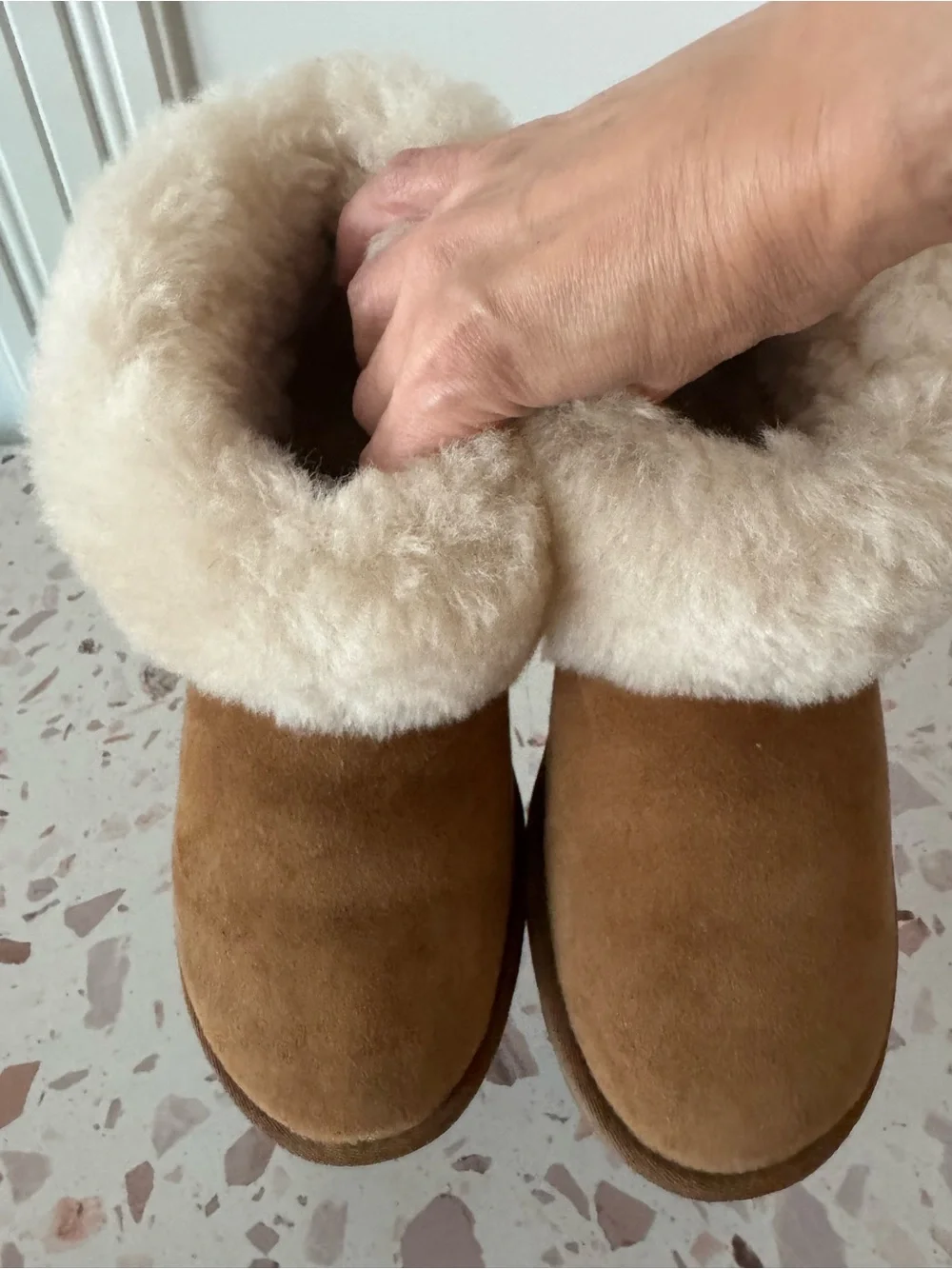 UGG Chestnut Suede Shearling Cuff Booties with Cream Collar
